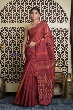 Shubh Lakshmi 2.0 ~ Handloom Pure Silk Soft Saree in Dark Maroon (Silk Mark Certified) - verymuchindian.com