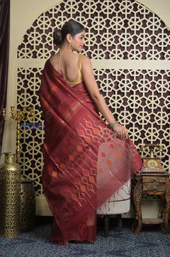 Shubh Lakshmi 2.0 ~ Handloom Pure Silk Soft Saree in Dark Maroon (Silk Mark Certified) - verymuchindian.com