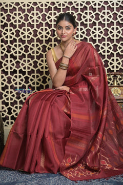 Shubh Lakshmi 2.0 ~ Handloom Pure Silk Soft Saree in Dark Maroon (Silk Mark Certified) - verymuchindian.com