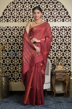 Shubh Lakshmi 2.0 ~ Handloom Pure Silk Soft Saree in Dark Maroon (Silk Mark Certified) - verymuchindian.com