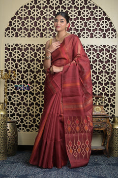 Shubh Lakshmi 2.0 ~ Handloom Pure Silk Soft Saree in Dark Maroon (Silk Mark Certified) - verymuchindian.com