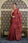 Shubh Lakshmi 2.0 ~ Handloom Pure Silk Soft Saree in Dark Maroon (Silk Mark Certified) - verymuchindian.com