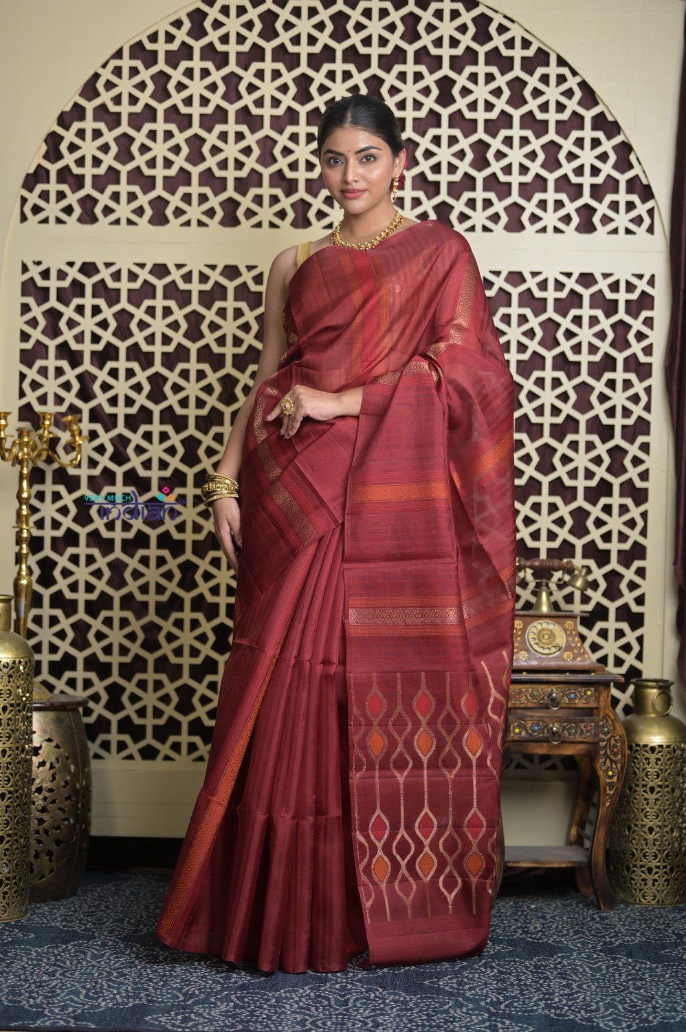Shubh Lakshmi 2.0 ~ Handloom Pure Silk Soft Saree in Dark Maroon (Silk Mark Certified) - verymuchindian.com