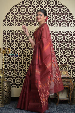Shubh Lakshmi 2.0 ~ Handloom Pure Silk Soft Saree in Dark Maroon (Silk Mark Certified) - verymuchindian.com