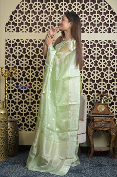 Shubh Lakshmi 2.0 ~ Handloom Pure Tussar Kora Silk Saree in Pista Green (Silk Mark Certified) - verymuchindian.com