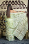Shubh Lakshmi 2.0 ~ Handloom Pure Tussar Kora Silk Saree in Pista Green (Silk Mark Certified) - verymuchindian.com