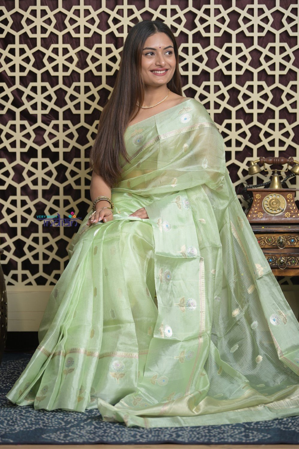Shubh Lakshmi 2.0 ~ Handloom Pure Tussar Kora Silk Saree in Pista Green (Silk Mark Certified) - verymuchindian.com
