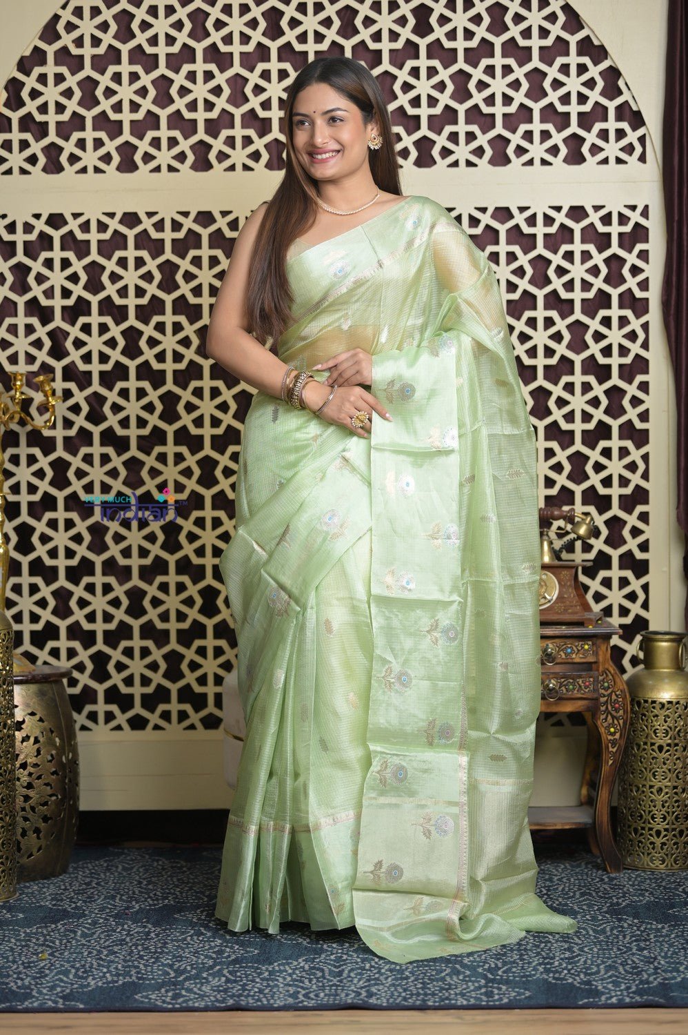 Shubh Lakshmi 2.0 ~ Handloom Pure Tussar Kora Silk Saree in Pista Green (Silk Mark Certified) - verymuchindian.com