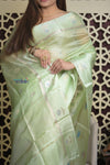 Shubh Lakshmi 2.0 ~ Handloom Pure Tussar Kora Silk Saree in Pista Green (Silk Mark Certified) - verymuchindian.com