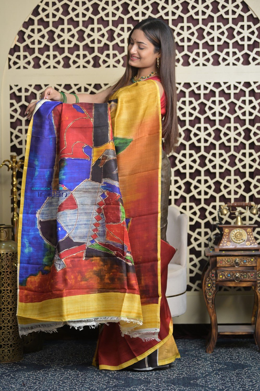 Shubh Lakshmi 2.0~ Handloom Tussar Silk Saree with Digital Print Scripture Pallu in Multicolor - verymuchindian.com