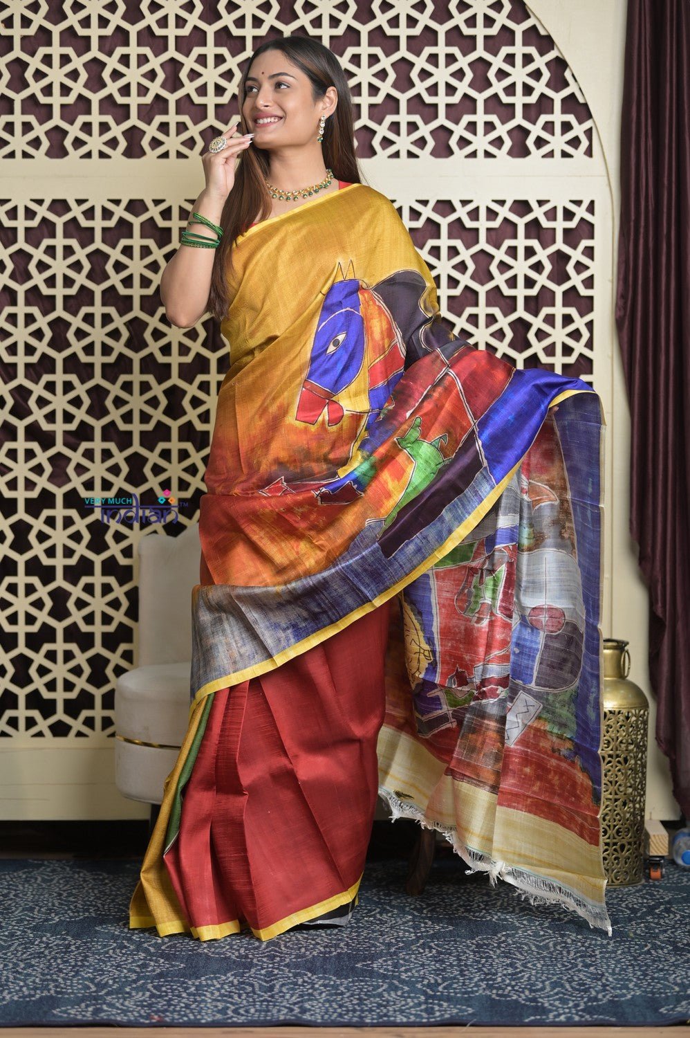 Shubh Lakshmi 2.0~ Handloom Tussar Silk Saree with Digital Print Scripture Pallu in Multicolor - verymuchindian.com