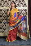 Shubh Lakshmi 2.0~ Handloom Tussar Silk Saree with Digital Print Scripture Pallu in Multicolor - verymuchindian.com