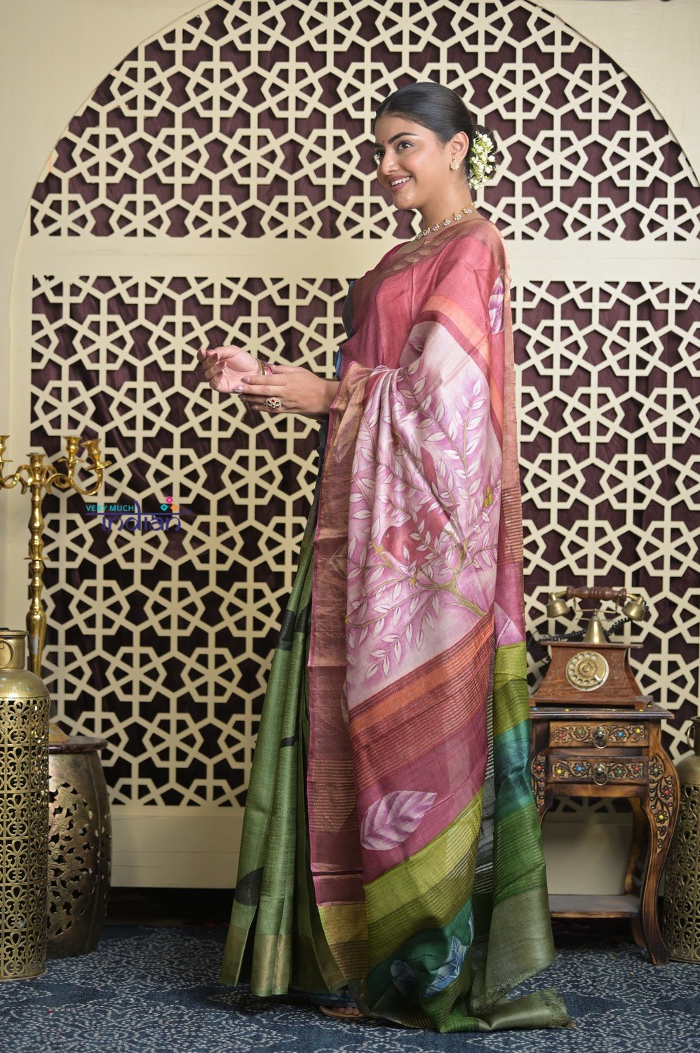 Shubh Lakshmi 2.0~ Handloom Tussar Silk Saree with Handpainted Pallu in Multicolor Pink - verymuchindian.com