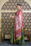 Shubh Lakshmi 2.0~ Handloom Tussar Silk Saree with Handpainted Pallu in Multicolor Pink - verymuchindian.com