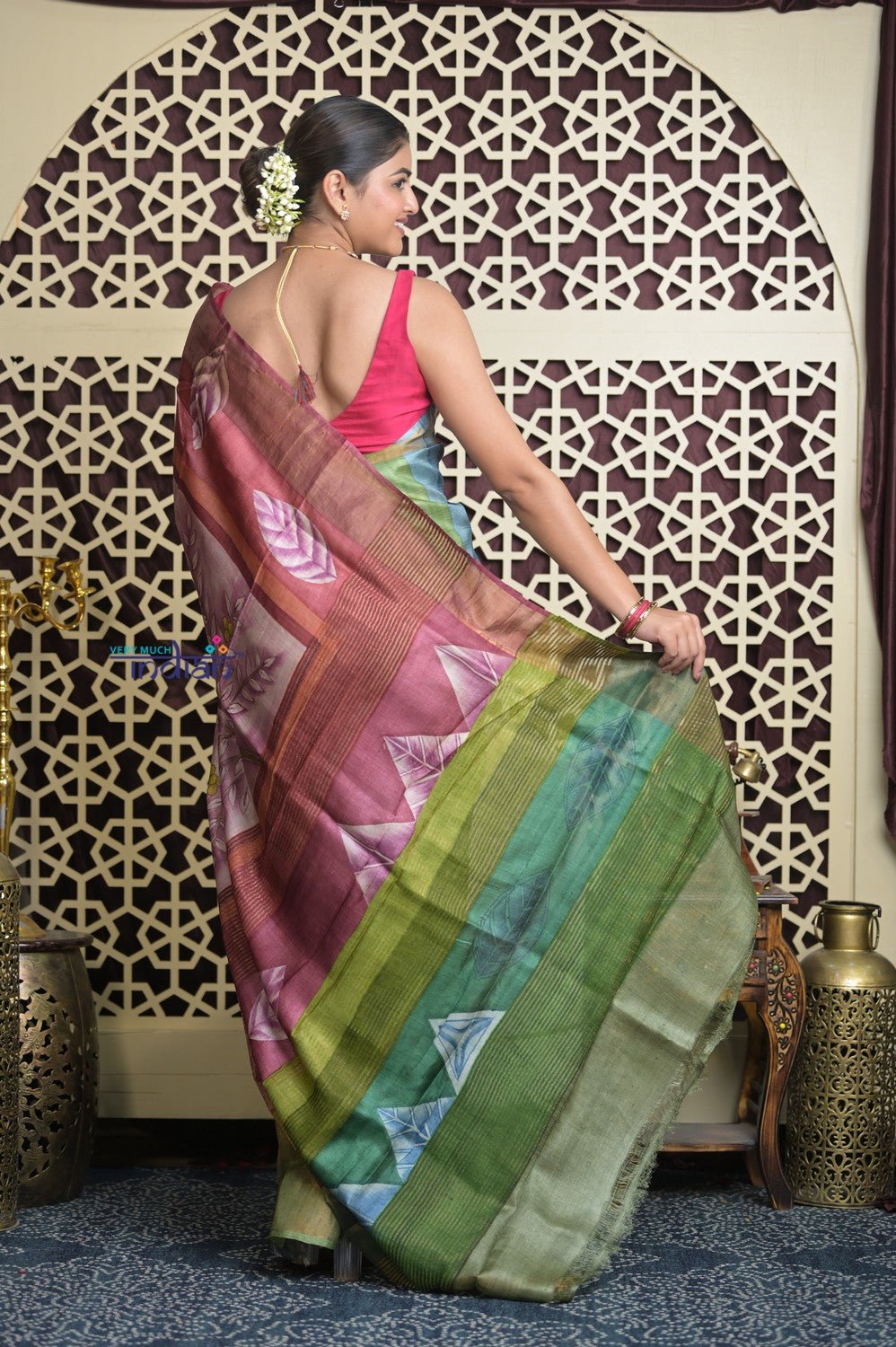 Shubh Lakshmi 2.0~ Handloom Tussar Silk Saree with Handpainted Pallu in Multicolor Pink - verymuchindian.com