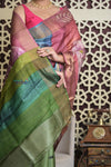 Shubh Lakshmi 2.0~ Handloom Tussar Silk Saree with Handpainted Pallu in Multicolor Pink - verymuchindian.com