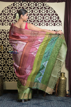 Shubh Lakshmi 2.0~ Handloom Tussar Silk Saree with Handpainted Pallu in Multicolor Pink - verymuchindian.com