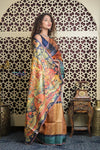 Shubh Lakshmi 2.0~ Handloom Tussar Silk Saree with Handpainted Scripture Pallu in Orange and Blue - verymuchindian.com