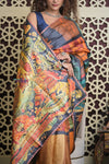 Shubh Lakshmi 2.0~ Handloom Tussar Silk Saree with Handpainted Scripture Pallu in Orange and Blue - verymuchindian.com