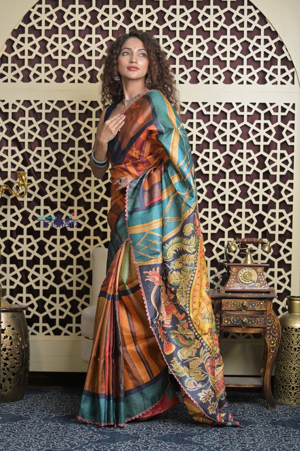 Shubh Lakshmi 2.0~ Handloom Tussar Silk Saree with Handpainted Scripture Pallu in Orange and Blue - verymuchindian.com
