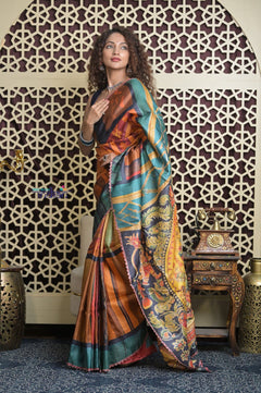 Shubh Lakshmi 2.0~ Handloom Tussar Silk Saree with Handpainted Scripture Pallu in Orange and Blue - verymuchindian.com