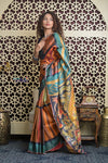 Shubh Lakshmi 2.0~ Handloom Tussar Silk Saree with Handpainted Scripture Pallu in Orange and Blue - verymuchindian.com