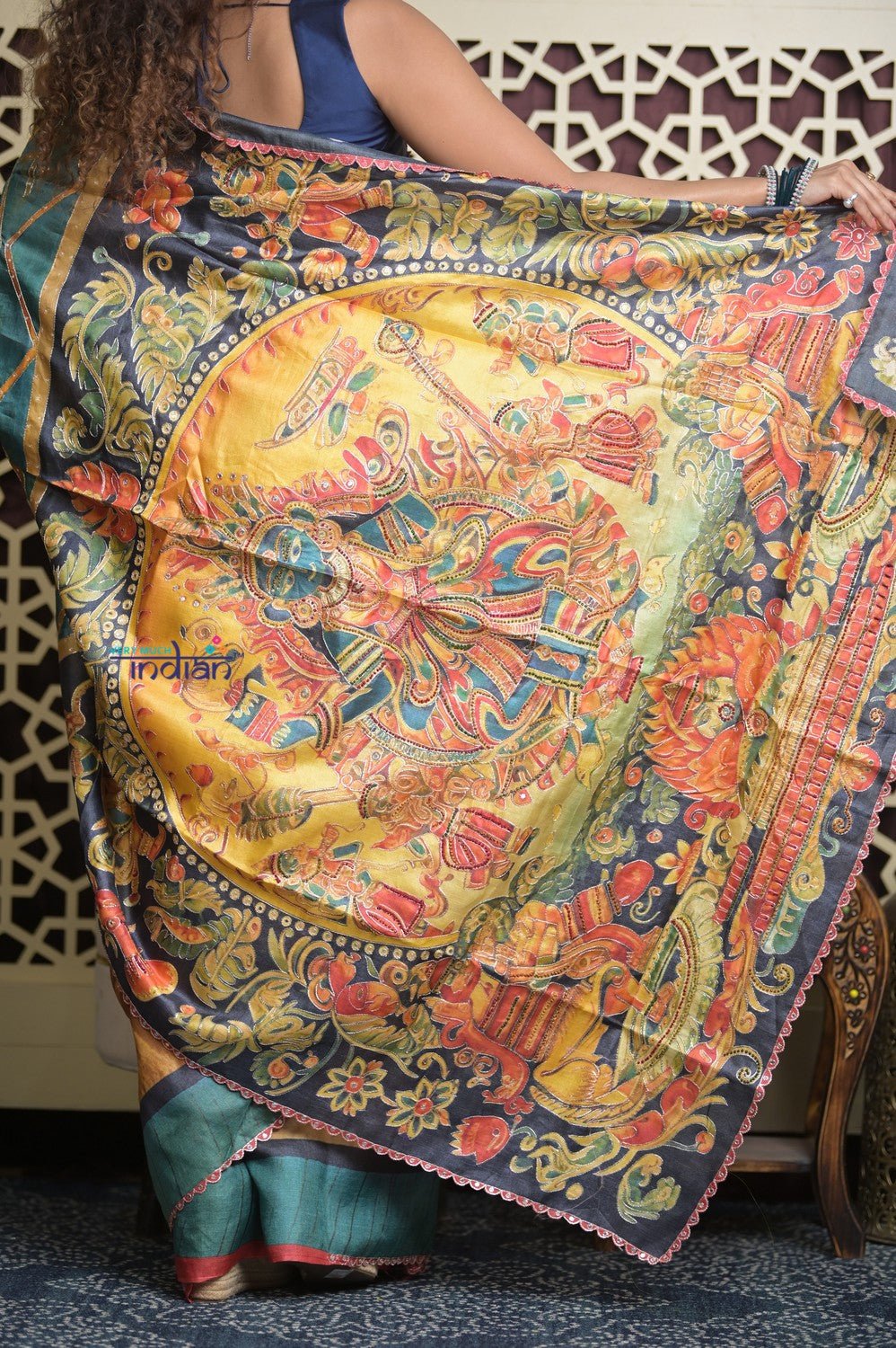 Shubh Lakshmi 2.0~ Handloom Tussar Silk Saree with Handpainted Scripture Pallu in Orange and Blue - verymuchindian.com