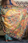 Shubh Lakshmi 2.0~ Handloom Tussar Silk Saree with Handpainted Scripture Pallu in Orange and Blue - verymuchindian.com