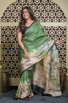 Shubh Lakshmi 2.0~ Handloom Tussar Silk Saree with Handpainted Sea Side Pallu in Grass Green - verymuchindian.com