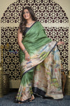 Shubh Lakshmi 2.0~ Handloom Tussar Silk Saree with Handpainted Sea Side Pallu in Grass Green - verymuchindian.com