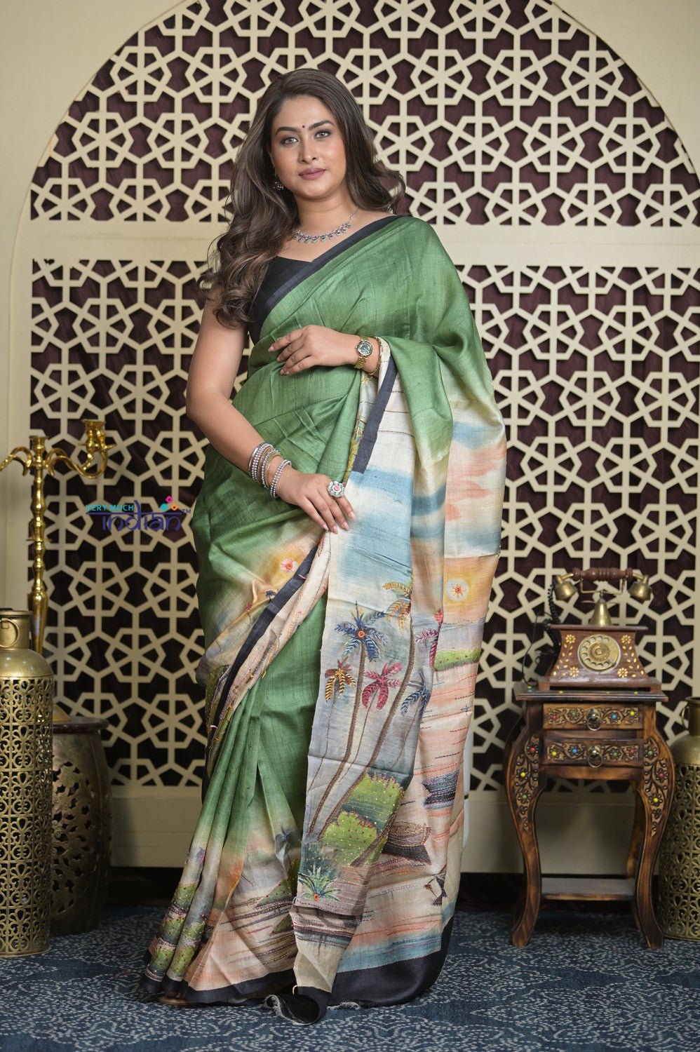 Shubh Lakshmi 2.0~ Handloom Tussar Silk Saree with Handpainted Sea Side Pallu in Grass Green - verymuchindian.com