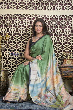 Shubh Lakshmi 2.0~ Handloom Tussar Silk Saree with Handpainted Sea Side Pallu in Grass Green - verymuchindian.com