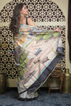 Shubh Lakshmi 2.0~ Handloom Tussar Silk Saree with Handpainted Sea Side Pallu in Grass Green - verymuchindian.com