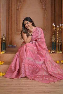 Shubh Lakshmi ~ Handloom Cotton Silk Saree in Blush Pink - verymuchindian.com