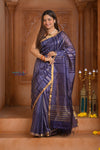 Shubh Lakshmi ~ Handloom Cotton Silk Saree in Dark Blue and Gold - verymuchindian.com