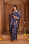 Shubh Lakshmi ~ Handloom Cotton Silk Saree in Dark Blue and Gold - verymuchindian.com
