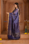 Shubh Lakshmi ~ Handloom Cotton Silk Saree in Dark Blue and Gold - verymuchindian.com