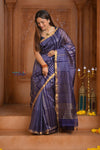 Shubh Lakshmi ~ Handloom Cotton Silk Saree in Dark Blue and Gold - verymuchindian.com