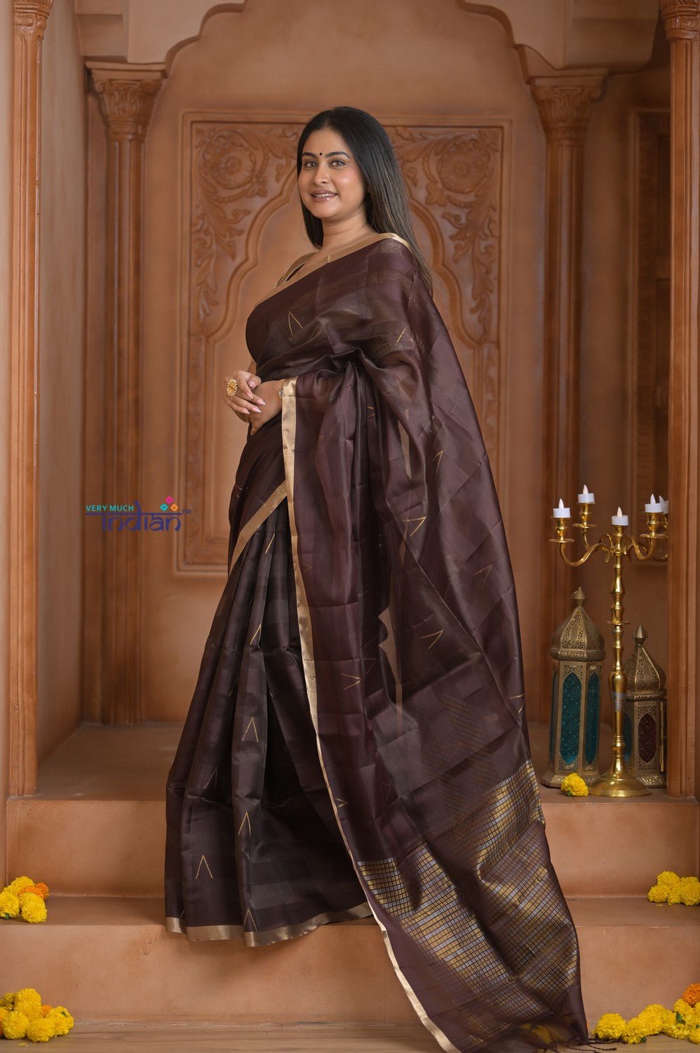 Shubh Lakshmi ~ Handloom Cotton Silk Saree in Dark Brown and Gold - verymuchindian.com