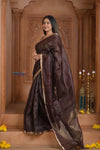 Shubh Lakshmi ~ Handloom Cotton Silk Saree in Dark Brown and Gold - verymuchindian.com