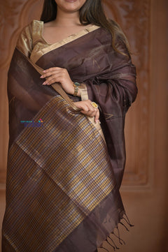 Shubh Lakshmi ~ Handloom Cotton Silk Saree in Dark Brown and Gold - verymuchindian.com
