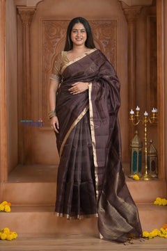 Shubh Lakshmi ~ Handloom Cotton Silk Saree in Dark Brown and Gold - verymuchindian.com