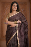 Shubh Lakshmi ~ Handloom Cotton Silk Saree in Dark Brown and Gold - verymuchindian.com
