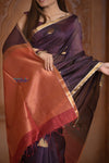 Shubh Lakshmi ~ Handloom Cotton Silk Saree in Dark Brown and Red - verymuchindian.com