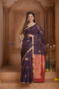 Shubh Lakshmi ~ Handloom Cotton Silk Saree in Dark Brown and Red - verymuchindian.com