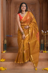 Shubh Lakshmi ~ Handloom Cotton Silk Saree in Gold Yellow and Red - verymuchindian.com