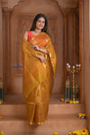 Shubh Lakshmi ~ Handloom Cotton Silk Saree in Gold Yellow and Red - verymuchindian.com