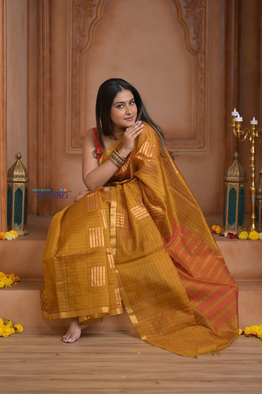 Shubh Lakshmi ~ Handloom Cotton Silk Saree in Gold Yellow and Red - verymuchindian.com