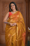 Shubh Lakshmi ~ Handloom Cotton Silk Saree in Gold Yellow and Red - verymuchindian.com