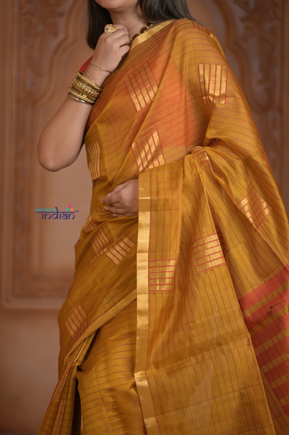 Shubh Lakshmi ~ Handloom Cotton Silk Saree in Gold Yellow and Red - verymuchindian.com